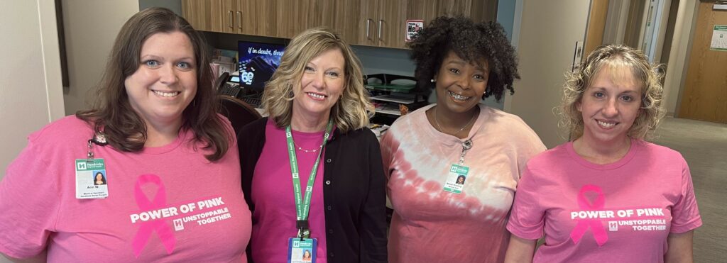 Members of the Hendricks Breast Center team. From left to right: Ann Worden, Lori Endicott-Cook, Monet Bowling, MD and Chris Wilcox.